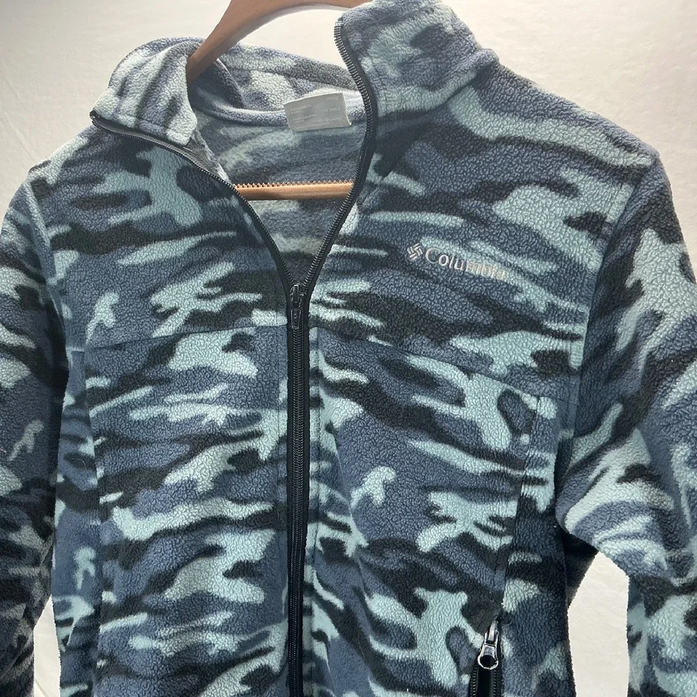 Columbia Fleece Jacket Camo Full Zip Pockets Warm Blue Kids Size 10/12‎